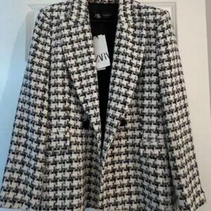 Zara Black and White Checkered Plaid Tweed Jacket Medium